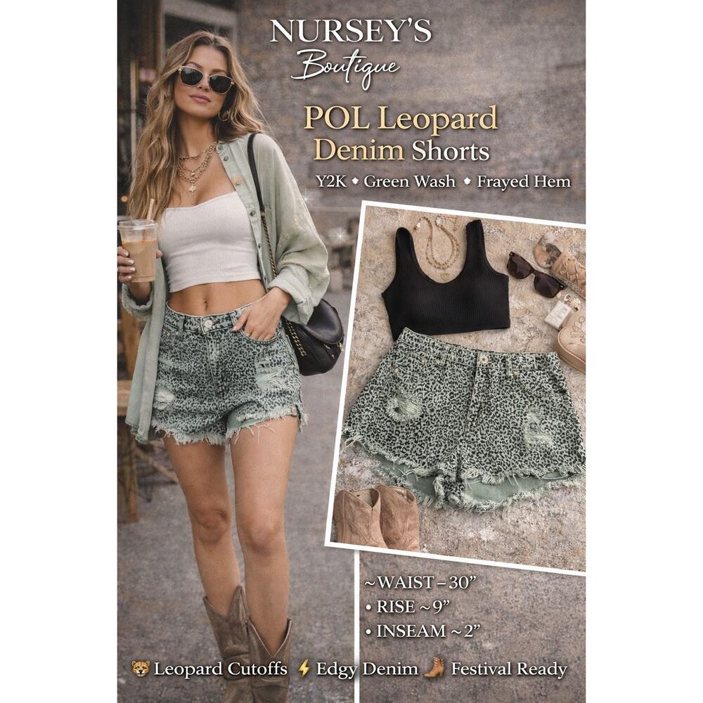 POL Leopard Print Distressed Denim Shorts Green High Rise Frayed Hem M